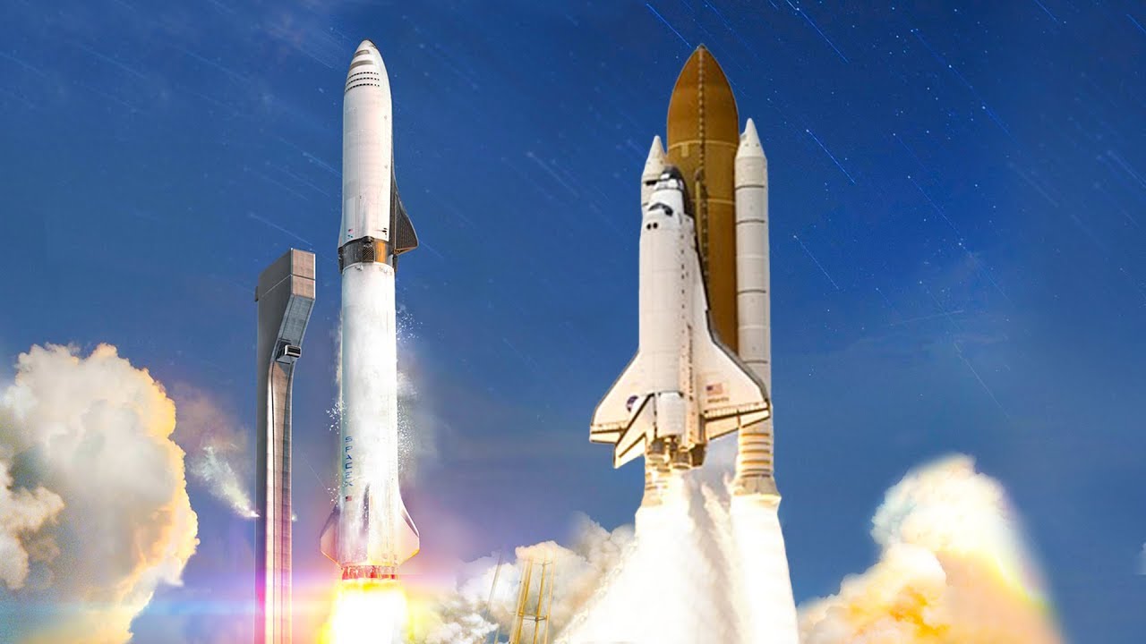 Artists render showing Starship launches next to the space shuttle
