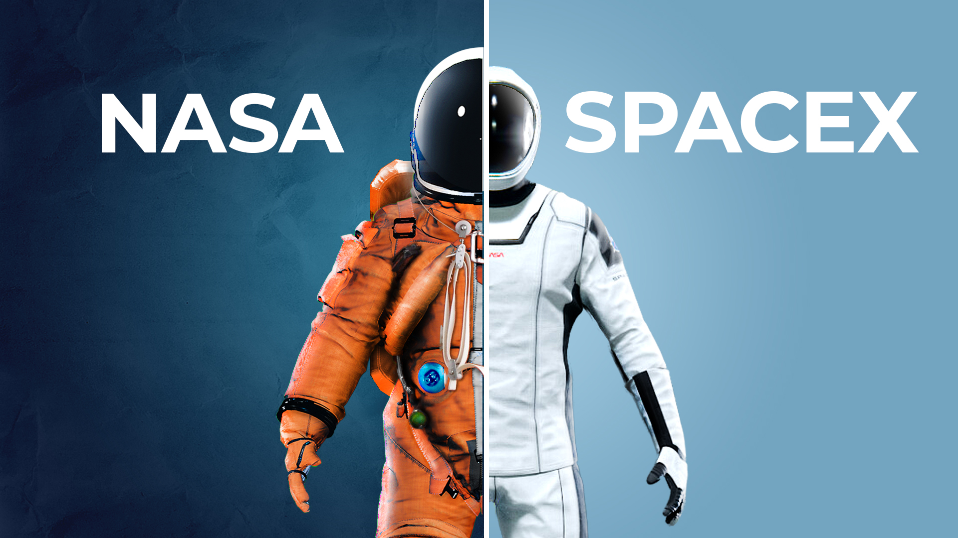 Space Shuttle ACES suits next to SpaceX's IVA suit