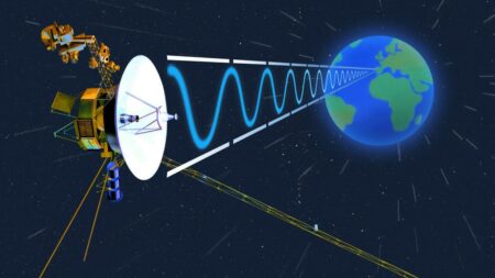 Voyager space probe in space sending back data to earth