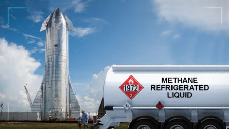 Liquid methane truck parked next to Starship in boca Chica