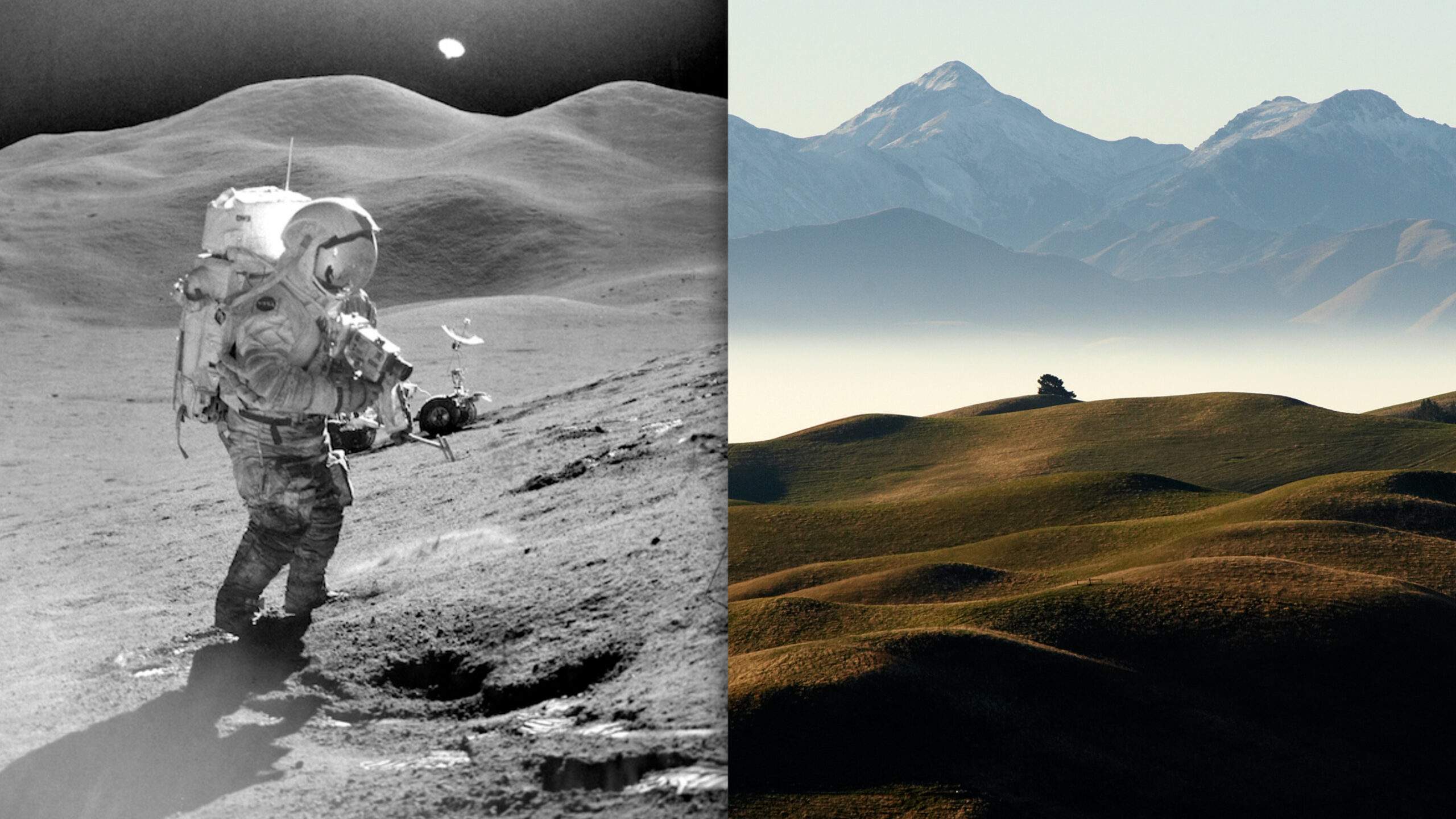 Two images showing the lack of atmosphere on the Moon versus the haziness on Earth