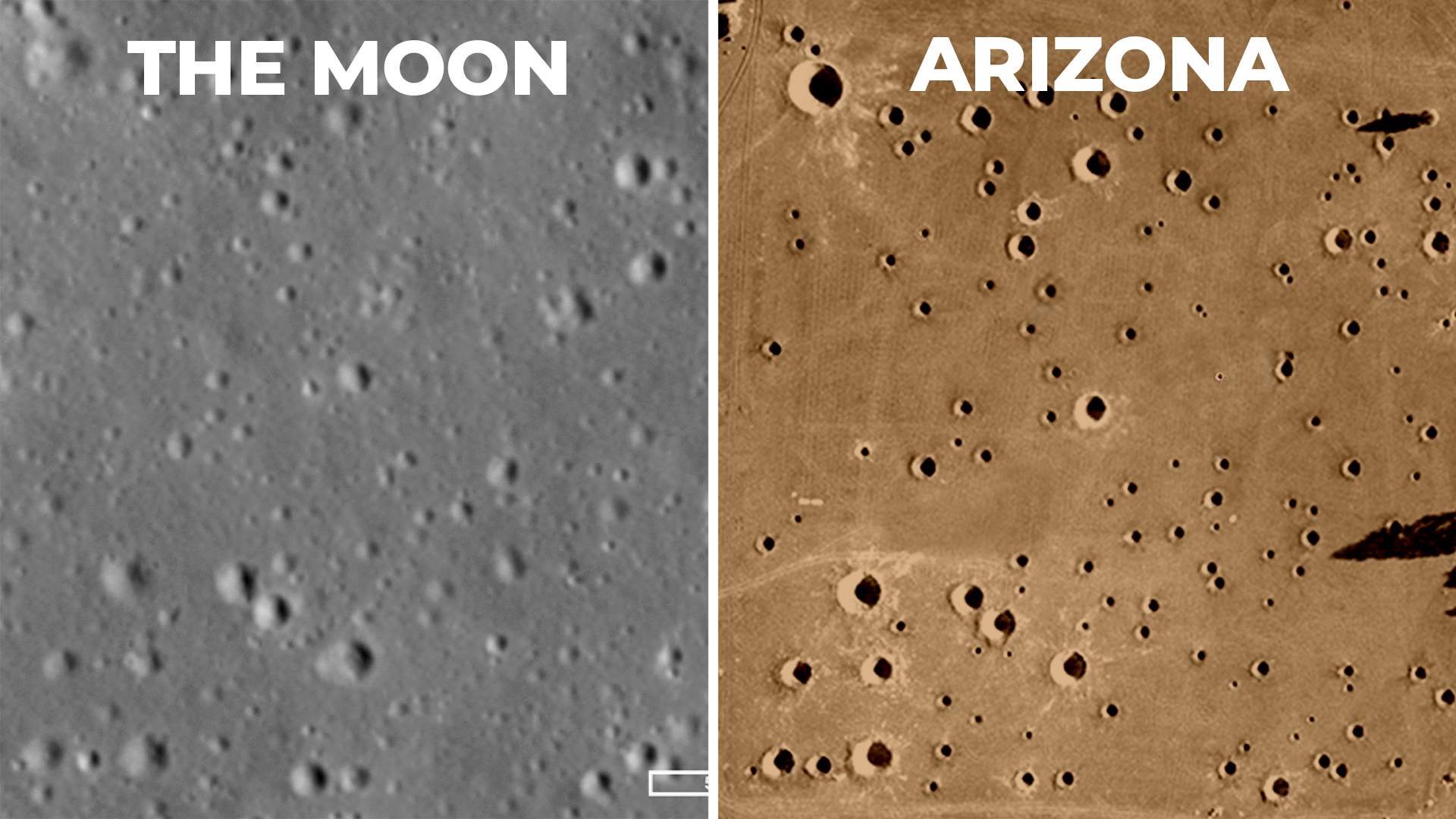 Comparison showing aerial views of the Moon on the left and the Cinder Lake crater field in Arizona.