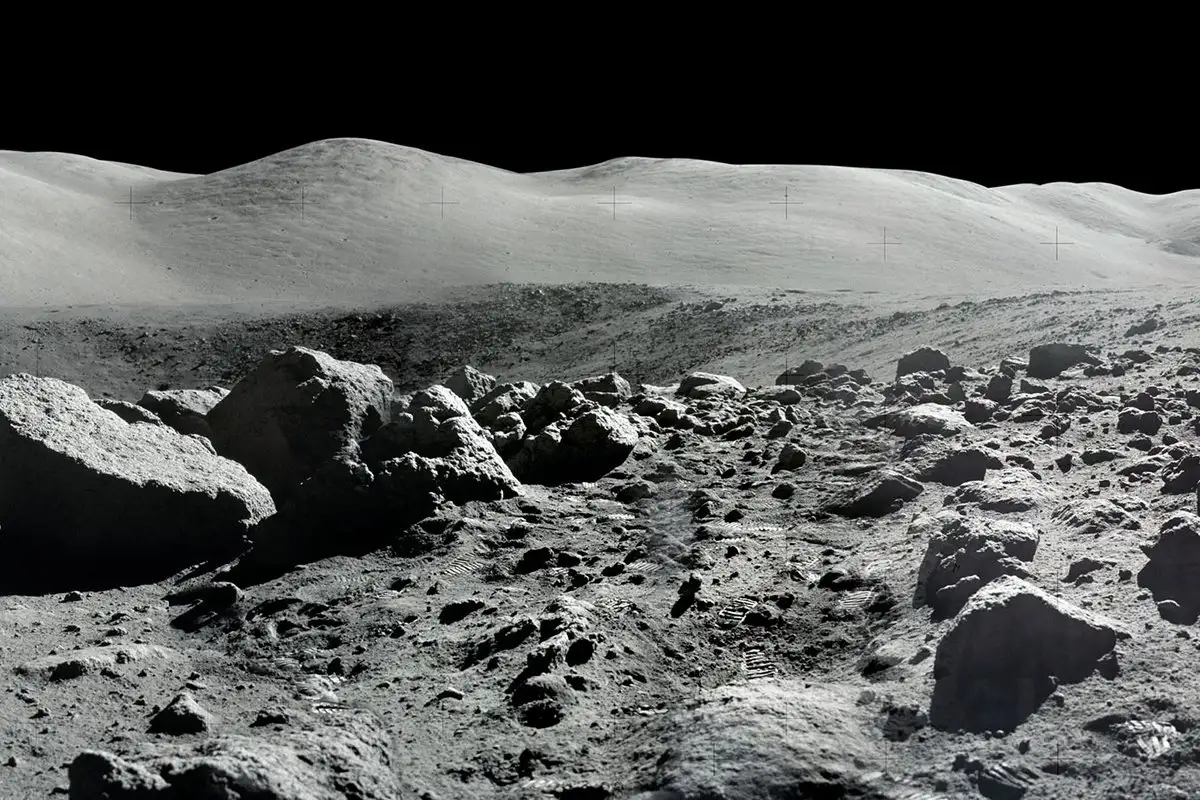 Rocky terrain on the surface of the Moon