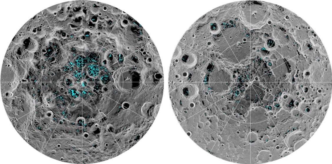 Graphic showing areas of water ice beneath the Moon's surface