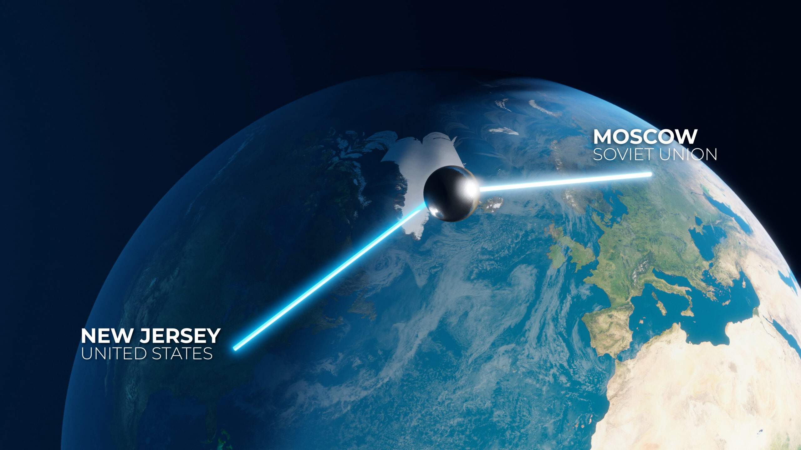 Graphic showing the Echo NASA balloon satellite being used for communications between the US and the Soviet Union