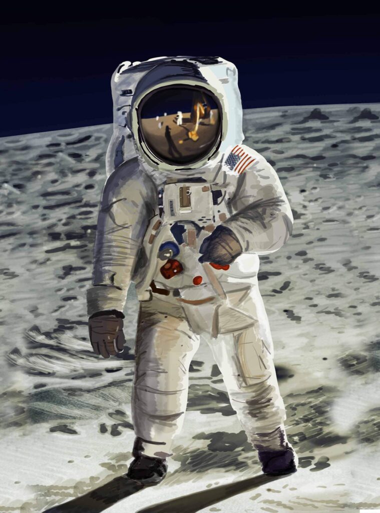 Apollo 11 poster with an illustrative design of Buzz Aldrin on the Moon