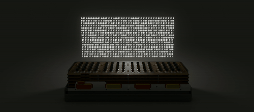 Animation of an old computer with binary digits above it