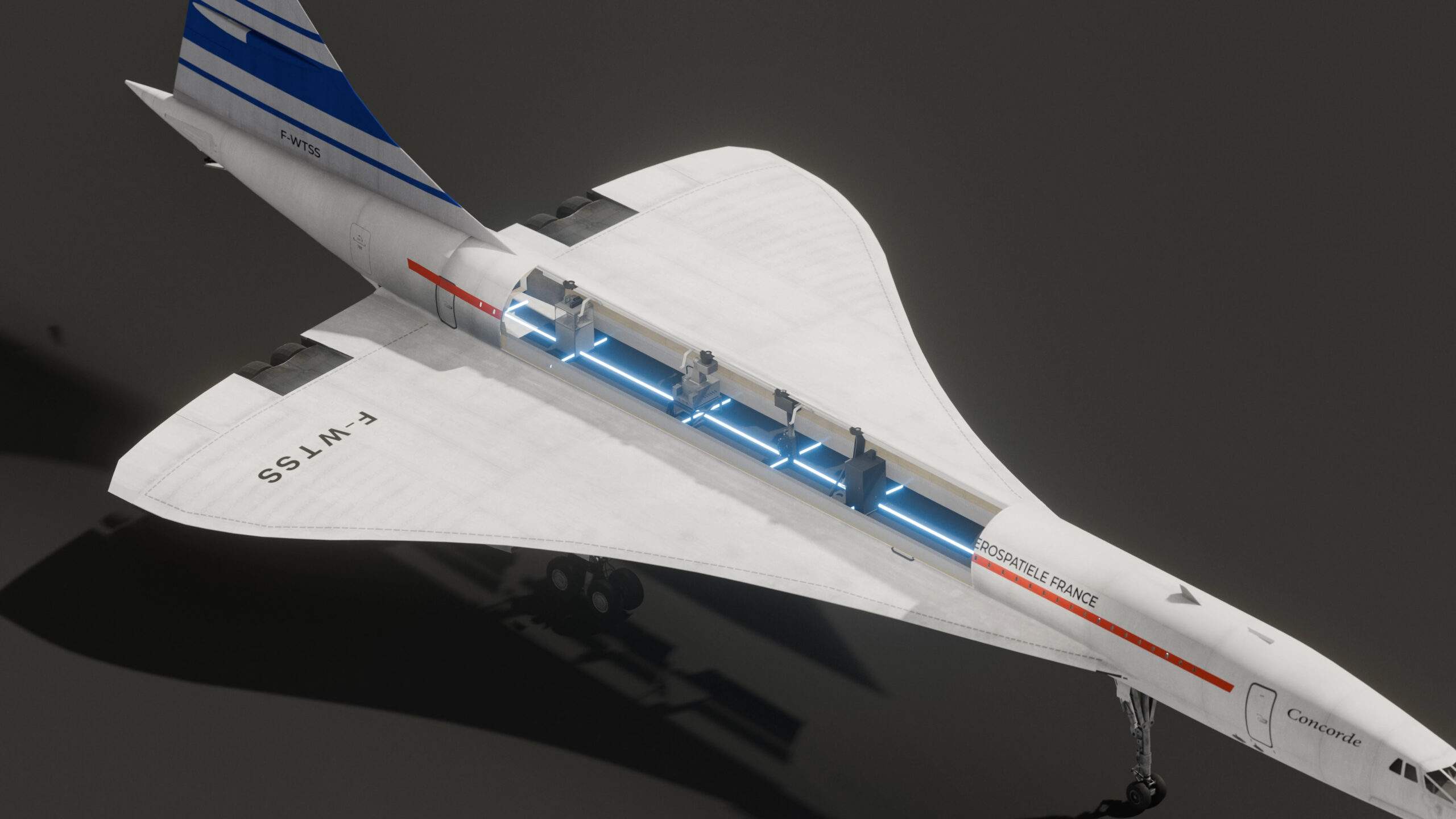 Graphic showing a cutaway of Concorde with 4 science instruments mounted inside the cabin