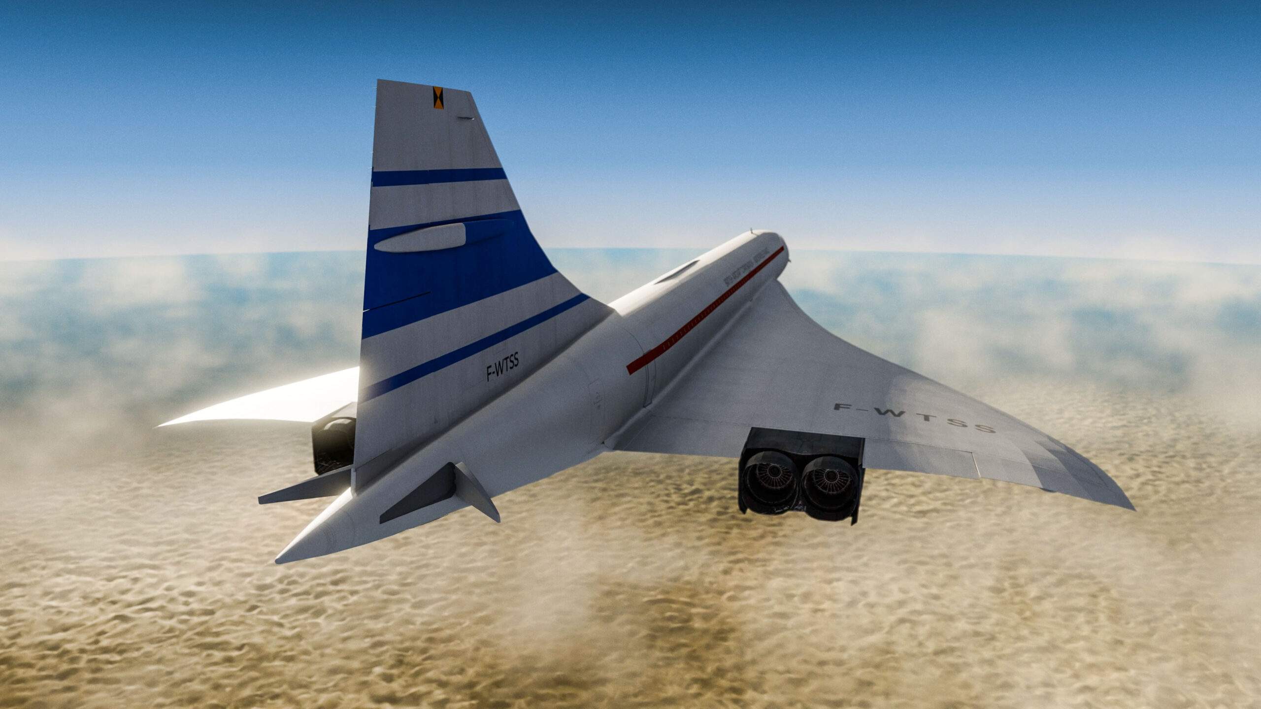 Render showing the deployment of small airbrakes at the rear of Concorde prototype 001