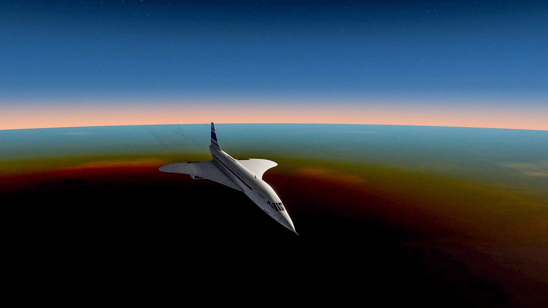 Render showing Concorde flying in the Moon's shadow. The horizon glows orange and everything else is dark.