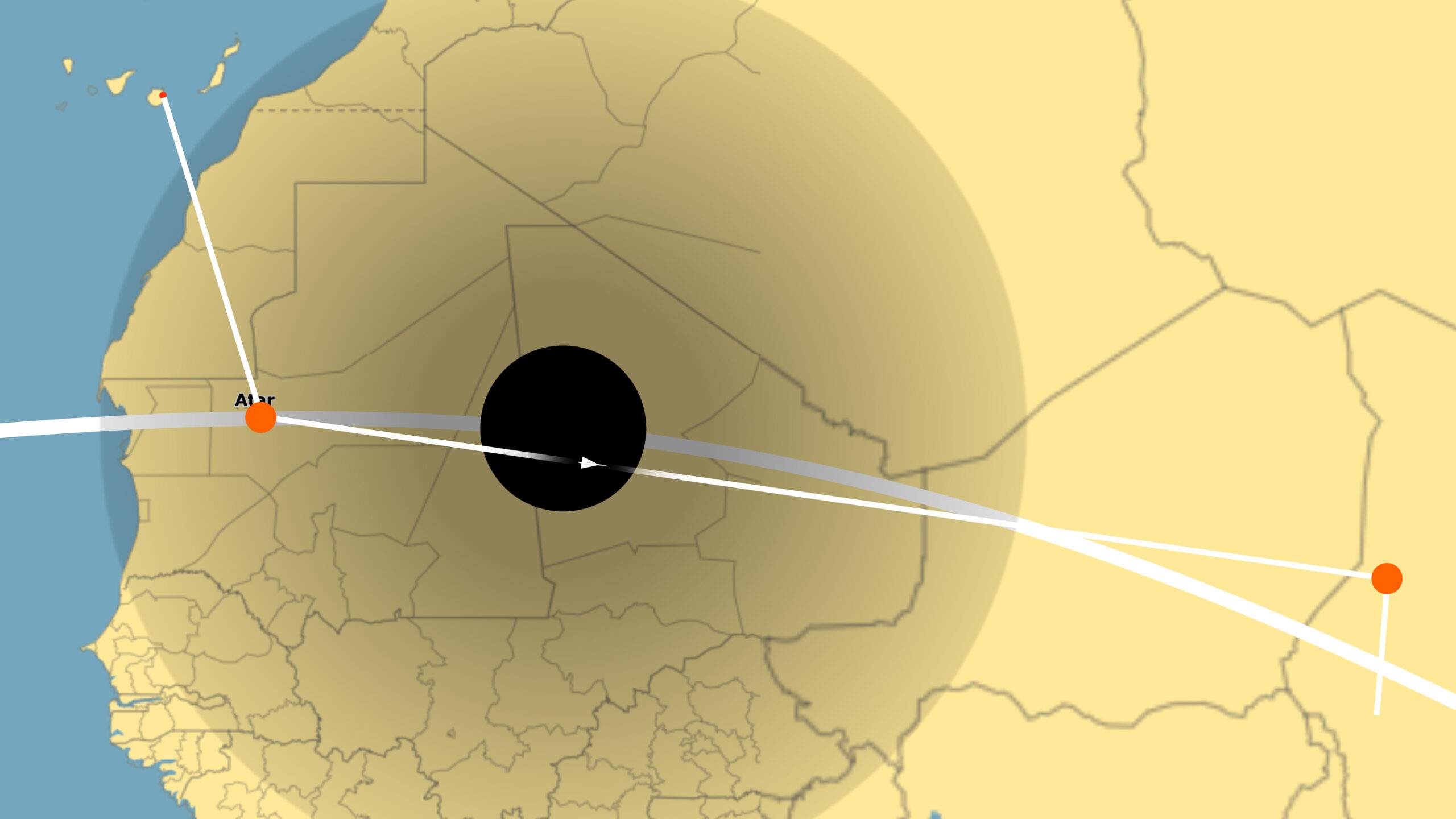 Flight plan of the 1973 Concorde eclipse flight. Showing a departure from Gran Canaria, intercepting the Moon over Mauritania and following the shadow until Chad