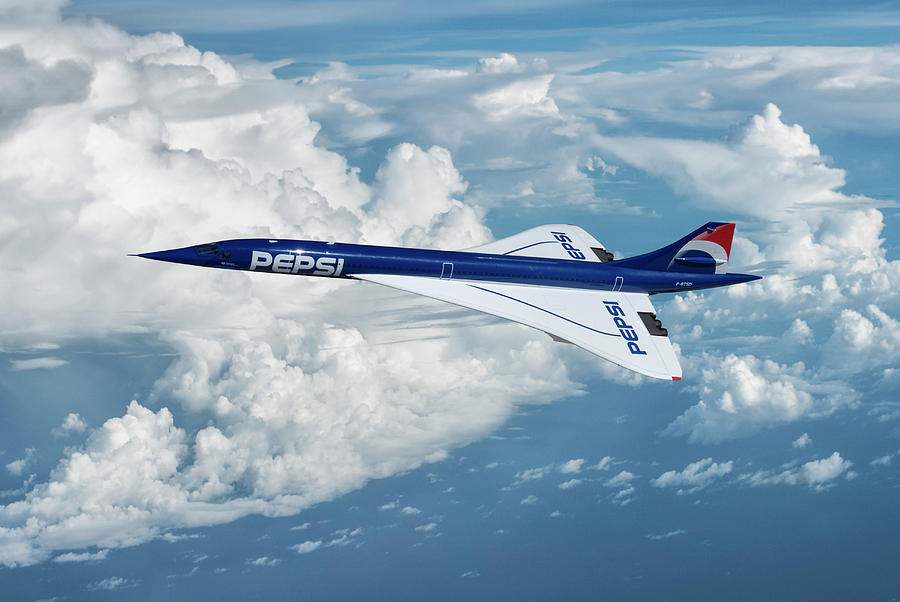 Concorde flying in the air with the Pepsi concorde livery