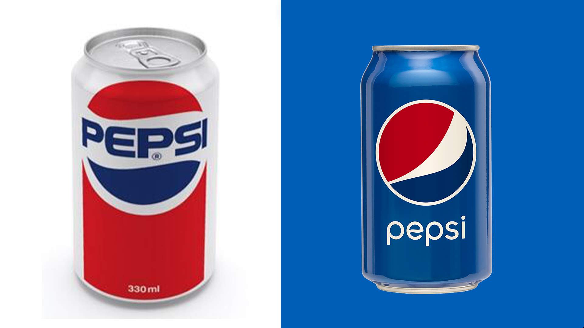 Comparison showing the old Pepsi can design and logo next to the new modern blue design