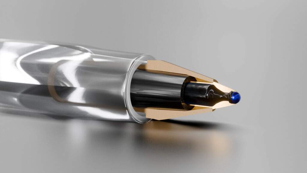 Graphic showing a cross section of the BIC cristal pen. It shows the ball at the end of the pen and how the ink flows onto it.