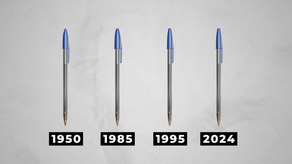 Hraphic showing the slight changes in the design of the BIC Cristal pen over the last 74 years