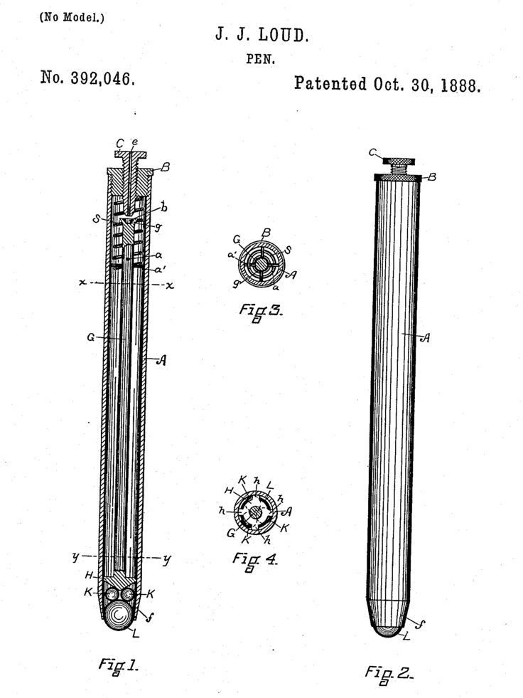The official patent document of the first ball point pen invented by John Loud