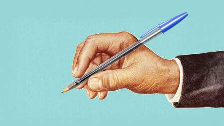 Illustrated graphic of an old man's hand holding a BIC Cristal pen