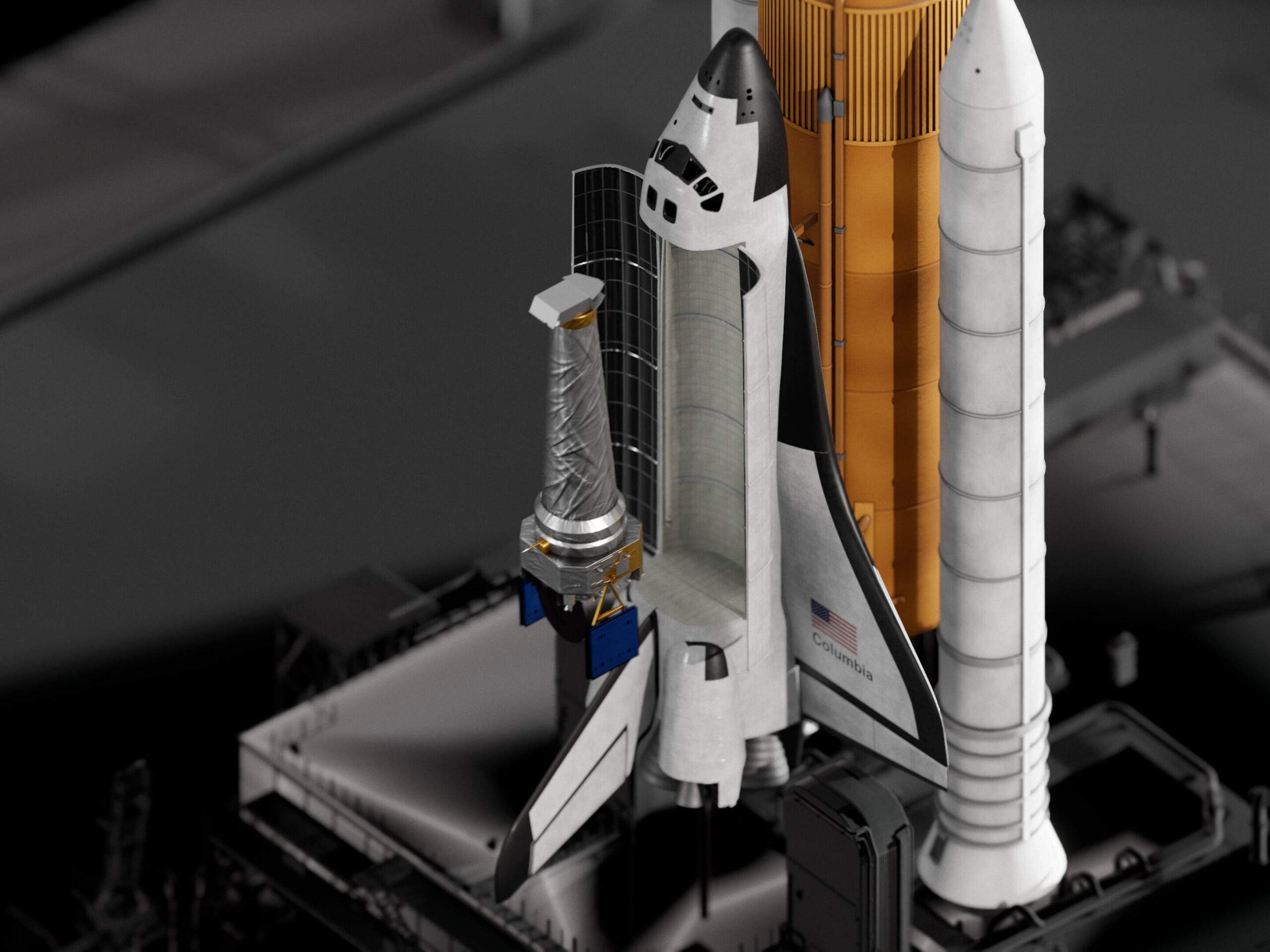 3D graphic showing how the Chandra X-ray observatory telescope fit inside the payload bay of th Space Shuttle