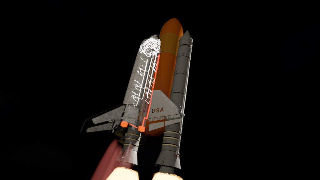 3D Render showing the wiring system inside the Space Shuttle with 2 instruments deactivated in red