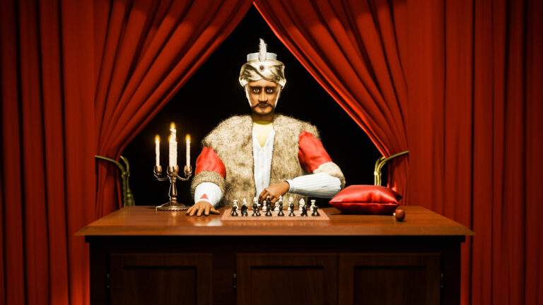 The Mechanical turk chess playing robot sitting at his wooden cabinet