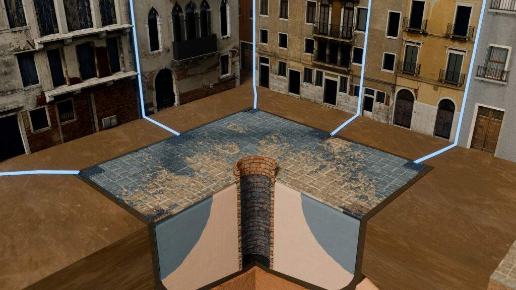 3D image showing how the water collection cisterns worked in Venice