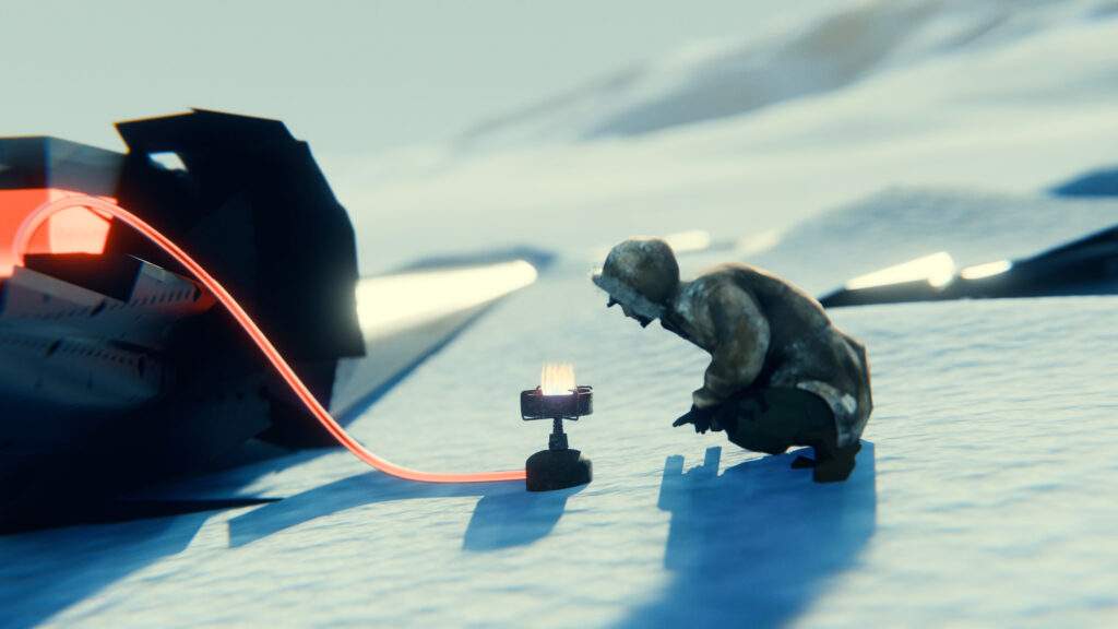 3D graphic showing a man on the snow in Antarctica using fuel to power a small stove