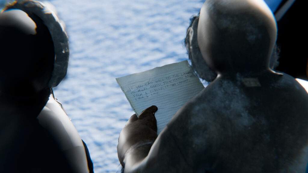 3D graphic showing the survivors reading a message on a piece of paper dropped down by rescue plane