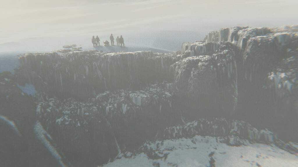 3D hraphic showing the survivors reaching a sharp cliff edge in Antarctica