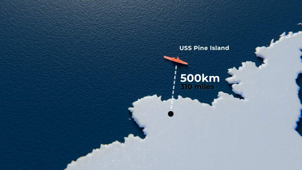 Graphic showing the position of the crash site and the position of the USS Pine Island rescue ship just off the coast of Antarctica