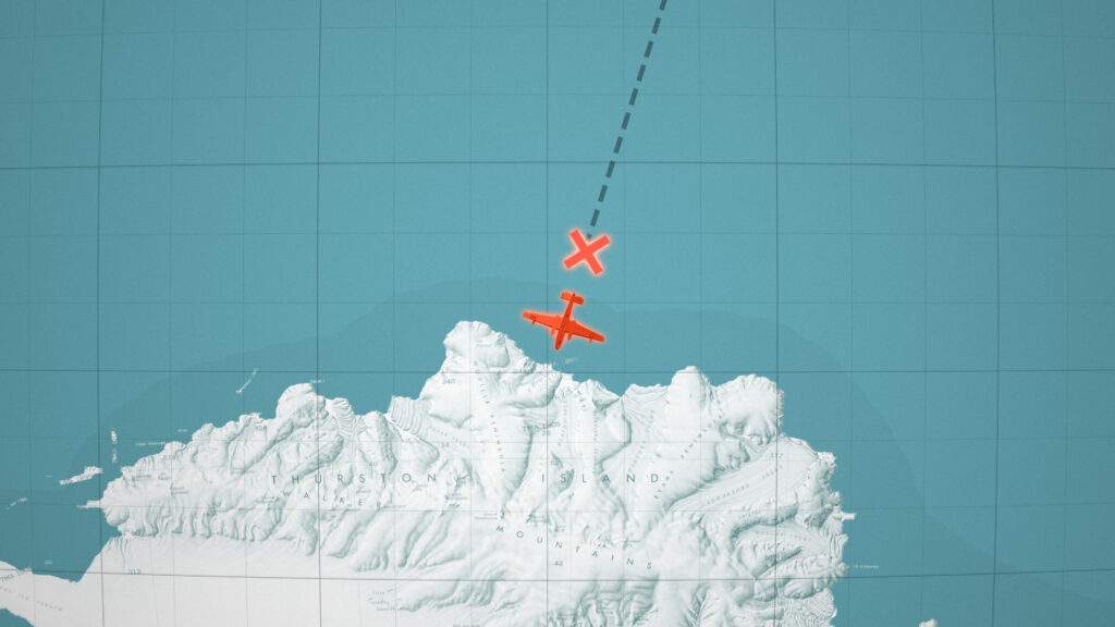 3D graphic showing a red plan on a map of Antarctica with a cross highlighting its position