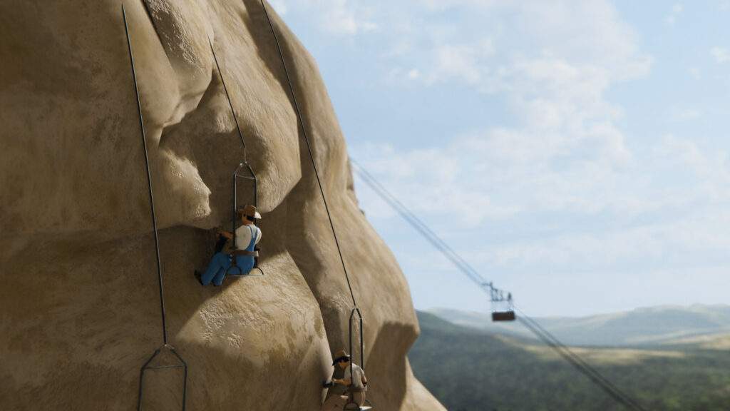 Graphic showing workers hanging off the side of Mount Rushmore