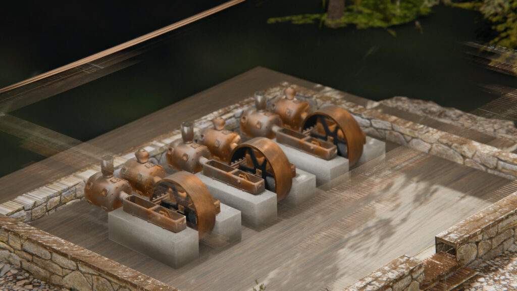 3D graphic showing compressors at the bottom of Mount Rushmore which powered the jackhammers