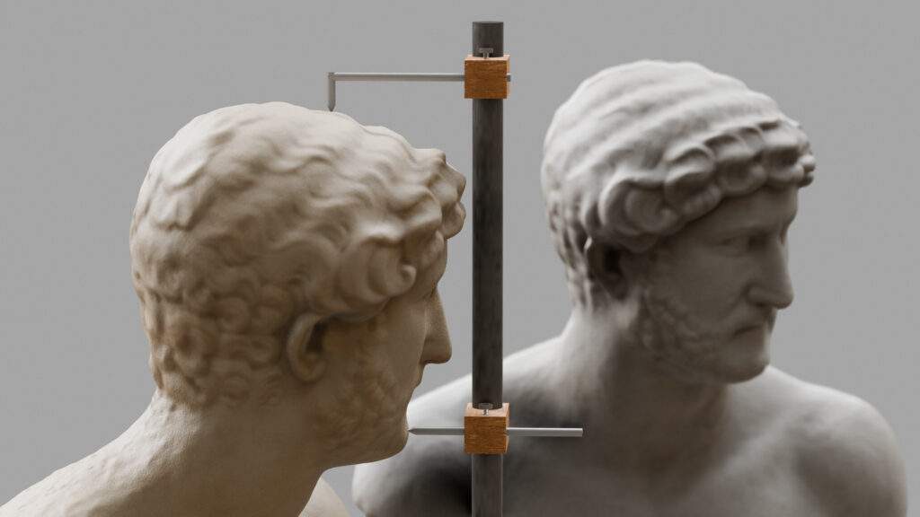 Graphic showing a greek statue being copied using a pointing machine