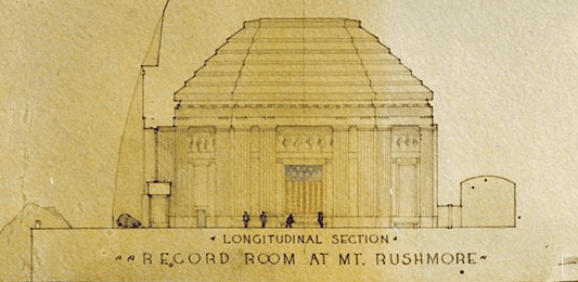 Pen drawing showing the planned grand entrance to the sercret vault hidden behind Mount Rushmore