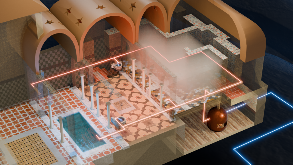 3D render showing the thermal baths of the Alhambra palace and the intricate piping system that was used to provide hot water, heated floors and steam for the steam room