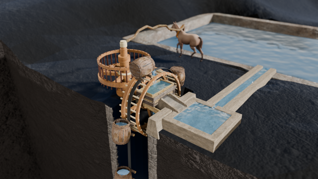 3D render showing a waterwheel using buckets to raise water into a large pool in the Alhambra palace in Granada Spain