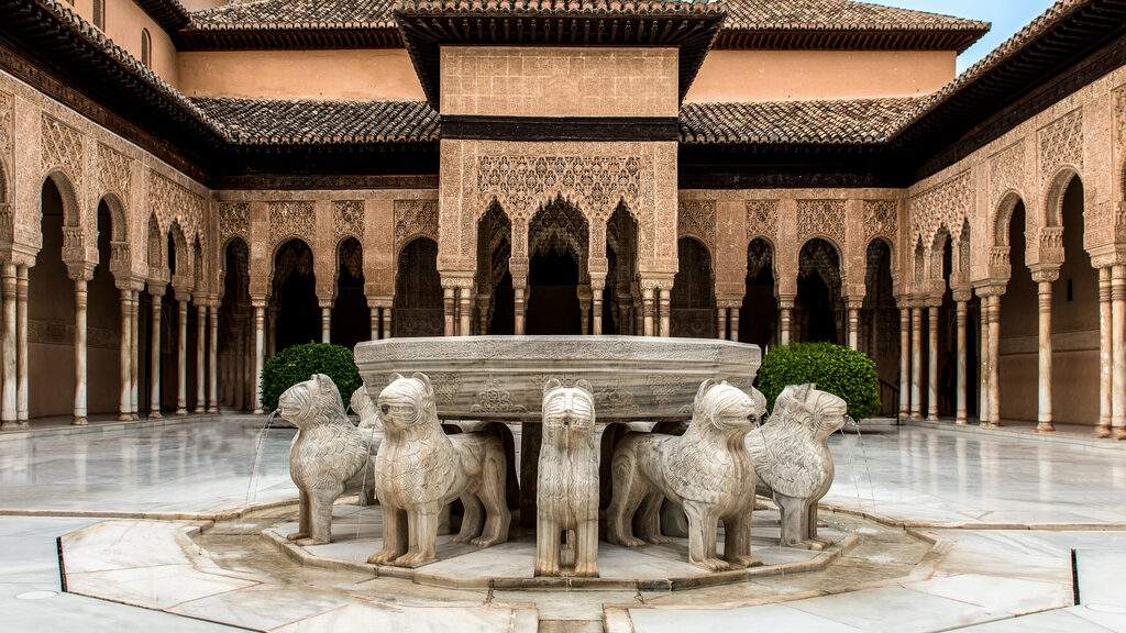 The court of the lions fountain featuring 12 stone lions that each spout out a fountain of water