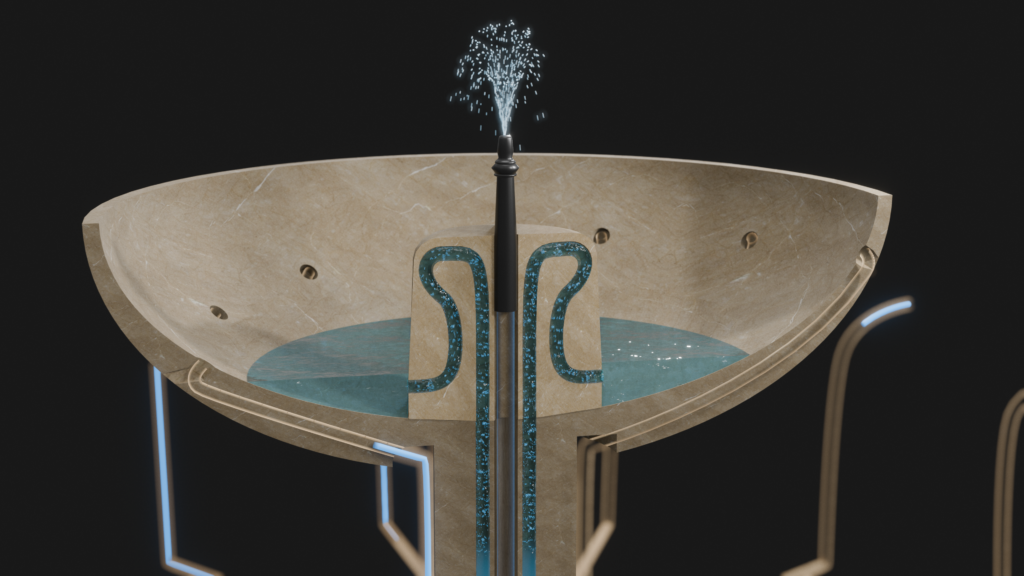 3D render showing the siphon system inside the court of the lions fountain that was once used to reset the water powered clock system