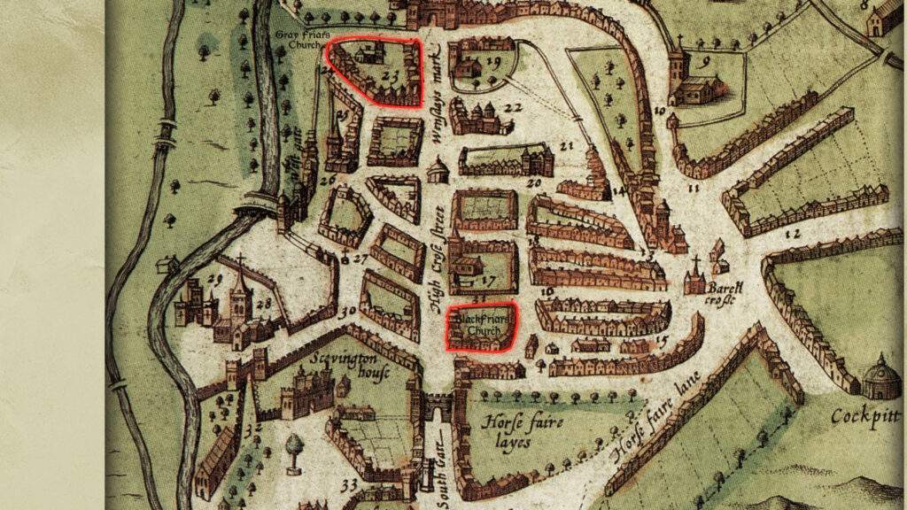 Old map of Leicester by John Speed with the blackfriars and grey friars map highlighted