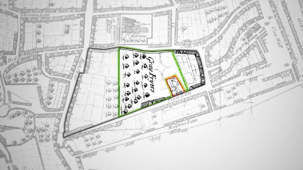 A black and white map of the GreyFruars area in Leicester from 1741