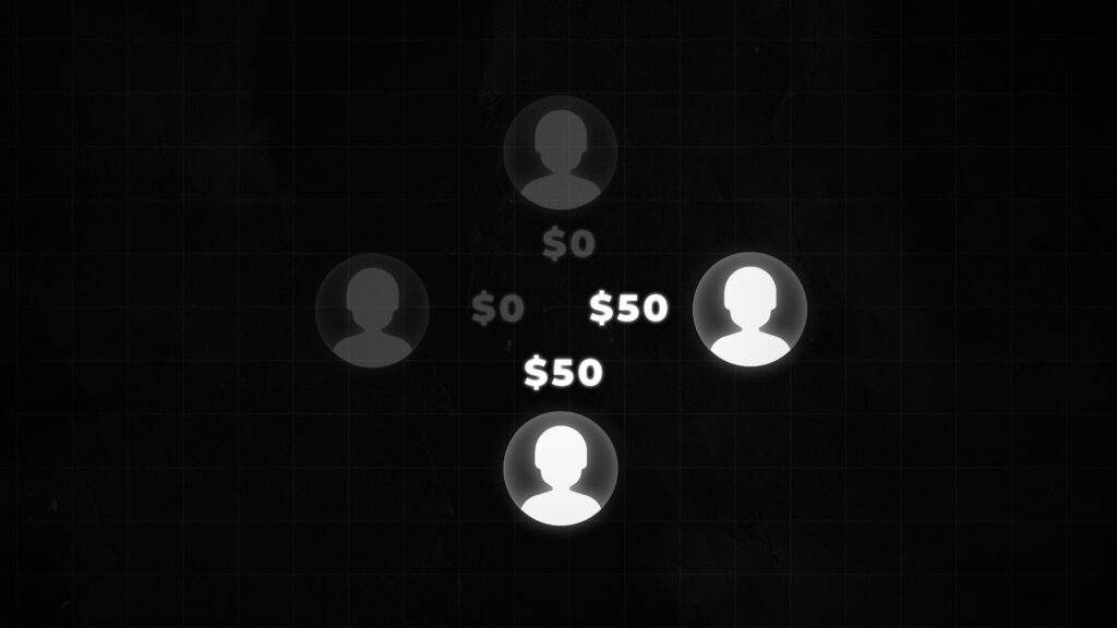 Render showing 2 people with $50 each and  people with $0