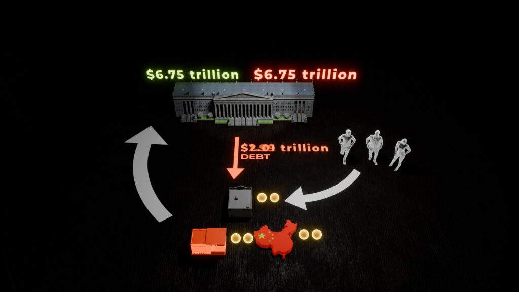 3D render showing the system of selling bonds to make money to pay off more government debt