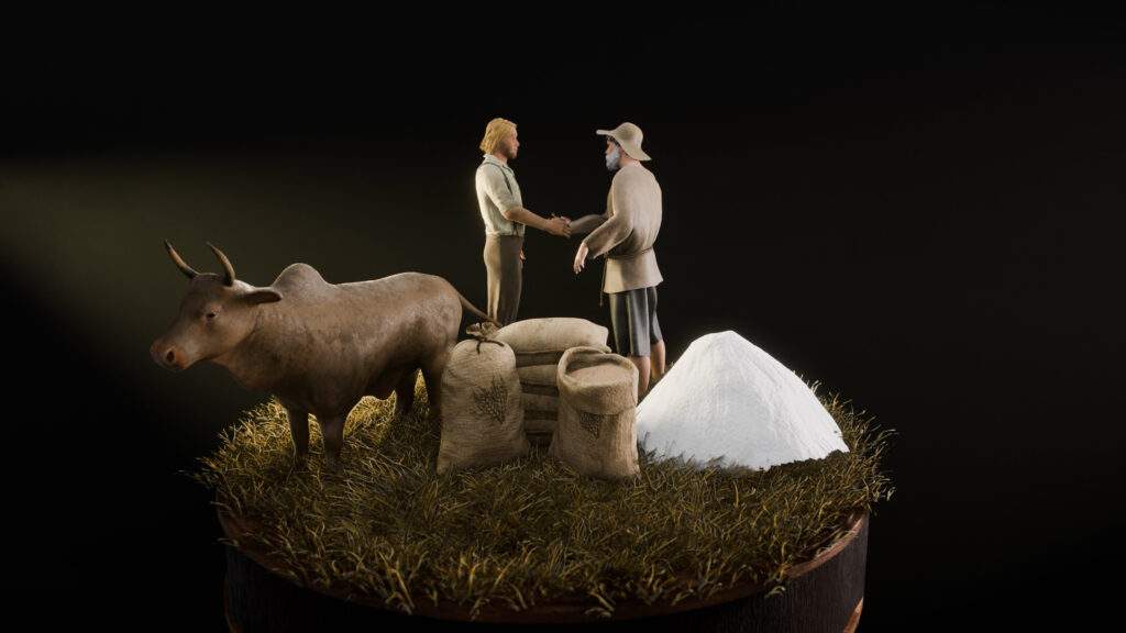 3D render showing two medieval men shaking hands and completing a transaction infront of a cow, bags of grain and a pile of salt