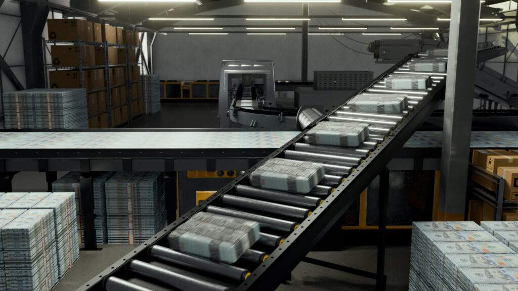 3D render showing a busy factory printing US dollars only conveyor belts and large factory machines