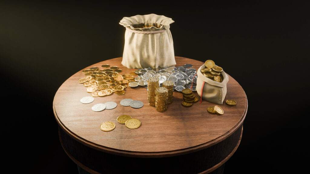 3D render showing piles of gold and silver coins on a wooden table as a form of early money