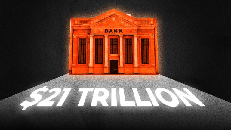 Thumbnail for a video about money showing a red bank building with the amount of 21 trillion dollars coming out of the bank