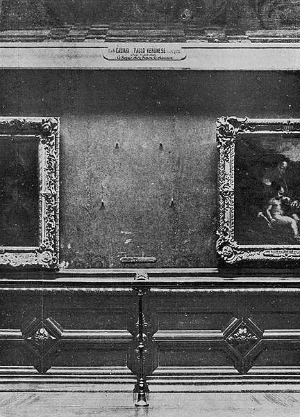 Old photograph showing the empty space where the Mona Lisa should have been. It was robbed from the Louvre in 1911