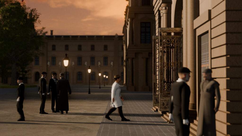 3D render showing a man in a white gown entering the Louvre in Paris