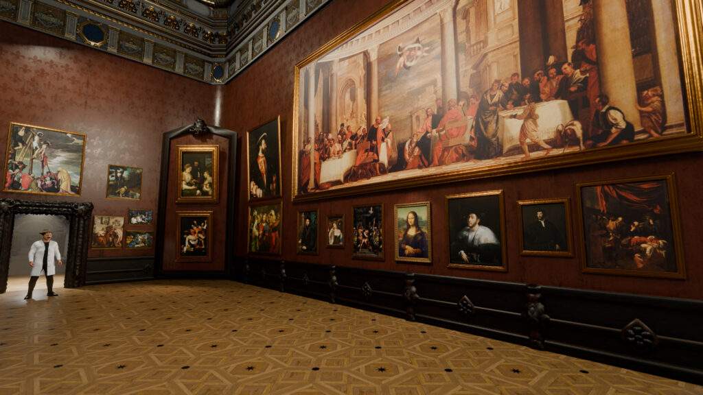 3D render showing the Salon Carre in the Louvre featuring the Mona Lisa amongst many other famous paintings