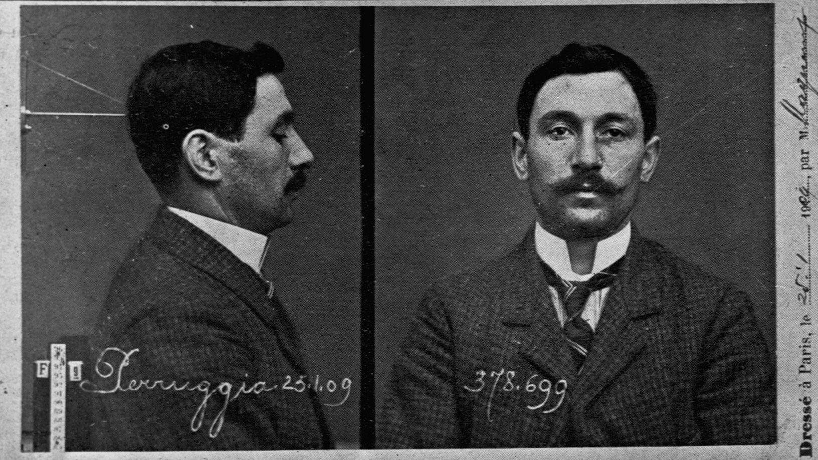 Old black and white photograph of the mugshot of Italian Mona Lisa thief Vincenzo Peruggia